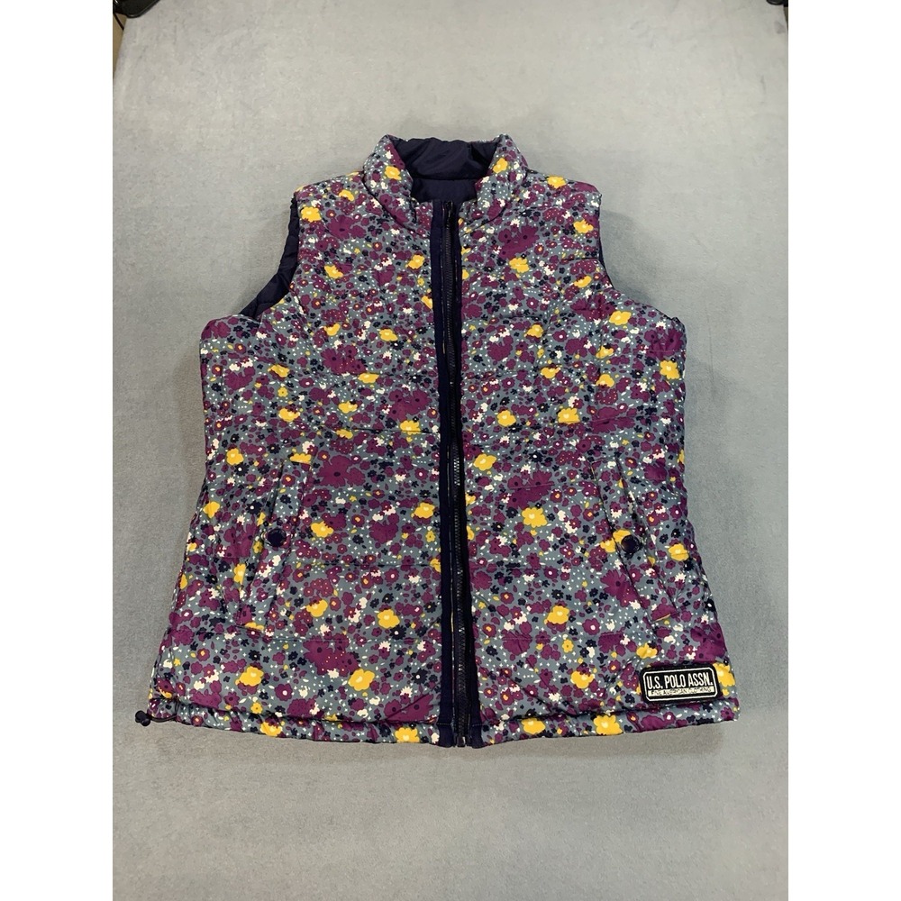 U.S. Polo Assn. Women's Puffer Blue Reversible Floral Vest Size M/L Full Zip